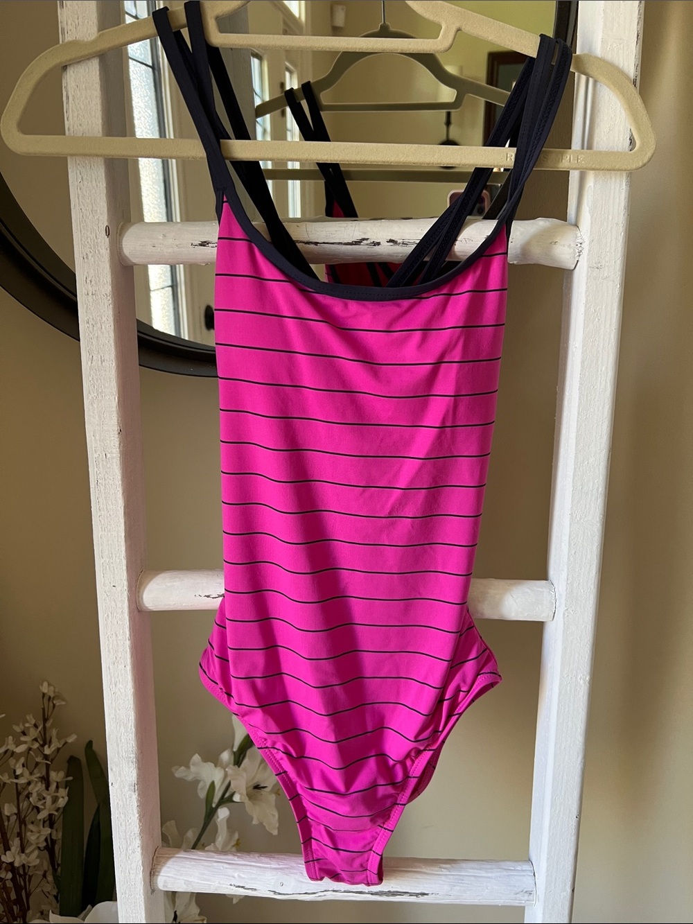 Carve Designs Pink with Navy Trim and Stripes One Piece Swimsuit.  Size Small